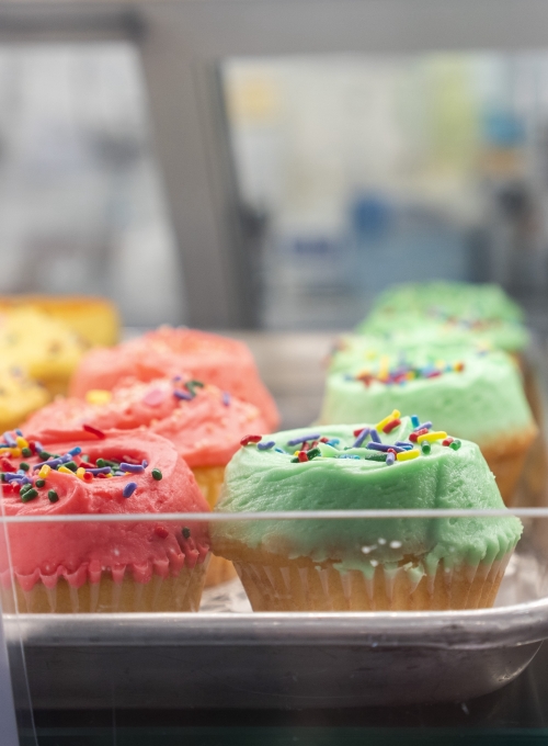 A display case with colorful cupcakes topped with pink and green frosting, each adorned with rainbow sprinkles. The cupcakes are arranged on a metal tray. A display case with colorful cupcakes topped with pink and green frosting, each adorned with rainbow sprinkles. The cupcakes are arranged on a metal tray.